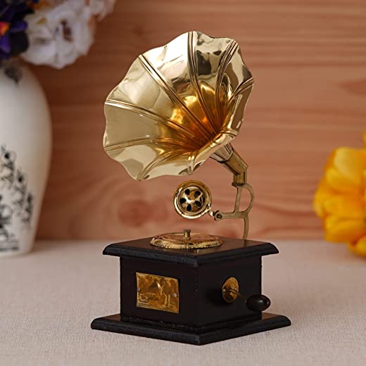 JaipurCrafts Brass Vintage Gramophone Showpiece For Home And Living Room , 17 cm, Gold, 1 Piece