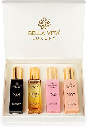 Bella Vita Organic Women's Luxury Perfume Gift Set 4x20 ML | Luxury Scent with Long Lasting Fragrance Eau De Parfum | CEO Woman | Honey Oud | Glam | Rose 80 ML