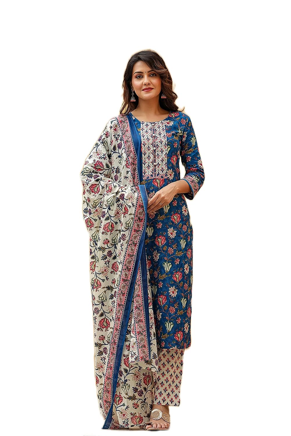 Vaamsi Women's Cotton Blend Printed Kurta Set with Dupatta (VKSKD1238_Blue)
