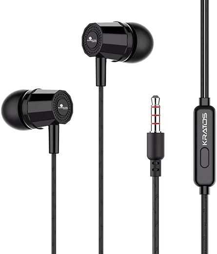 Kratos Thump Wired Earphones, Powerful Bass, HD Sound Quality Earphones, Tangle Free Cable, Comfortable in Ear Fit, with mic, 3.5 mm Jack (Black)