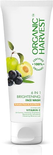 Organic Harvest 6-in-1 Brightening Face Wash: Kakadu Plum & Acai Berry | Daily Use Facewash For Men & Women | 100% American Certified Organic | Sulphate & Paraben-Free 100gm