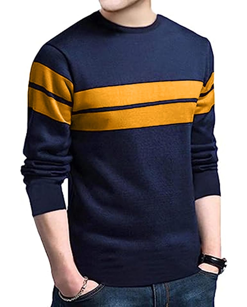 LEOTUDE Full Sleeve Regular Fit Tshirt for Men, Round Neck Longline Cottonblend T-Shirt (Color Navy)