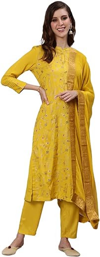 ishin Women's Silk Blend Embroidered Zari Yellow Floral Print A-Line Kurta suit set With Dupatta & Trouser
