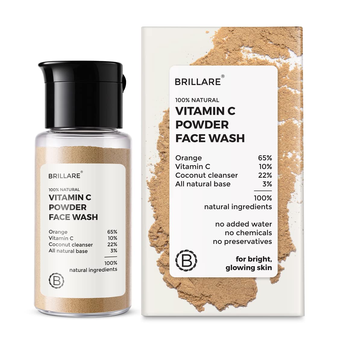 "Brillare 100% Natural Real Vitamin C Powder Face Wash for Skin Brightening, Helps Reduce Pigmentation & Dark Spots, Contains Orange Peel & Stable Vitamin C, 15g "