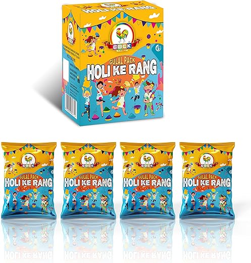 COCK BRAND Holi Ke Rang Giftbox | Gulal Packets (Multicolour) | Holi Gift Box | 100% Natural and Organic Gulal Powder | Holi Celebration 4 Pouches in Each Pack (Holi Ke Rang (Pack 1))