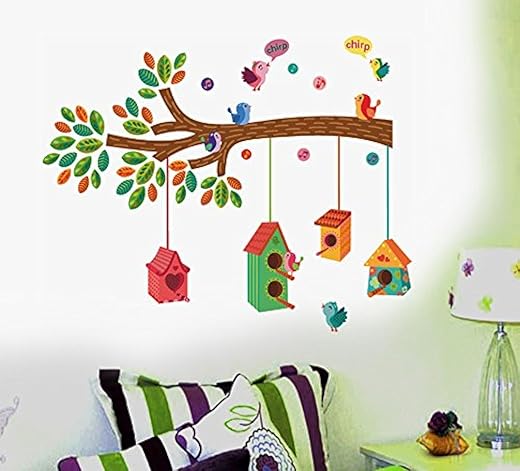 Decals Design ' Bird House on a Branch' Wall Sticker (PVC Vinyl, 70 cm x 25 cm, Multicolour)