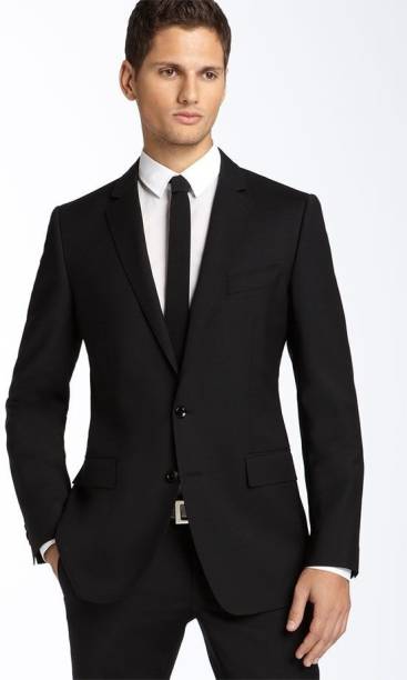 Men Solid Single Breasted Festive & Wedding Blazer  (Black)