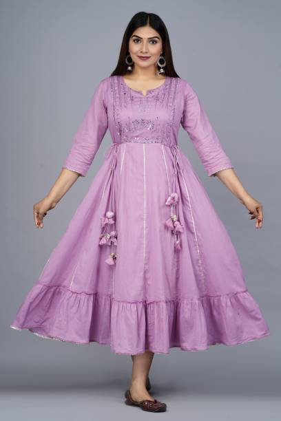 Women Embellished Pure Cotton Anarkali Kurta  (Purple)