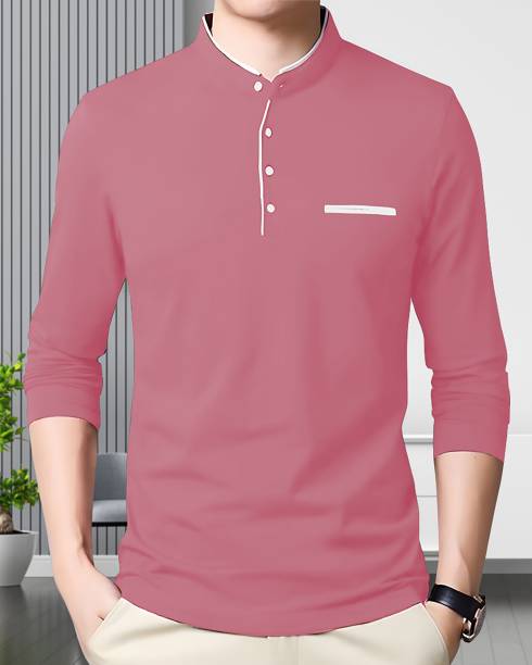 AUSK Solid Men Mandarin Collar Pink T-Shirt