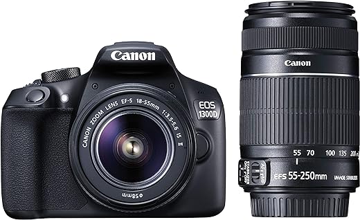Canon EOS 1300D 18MP Digital SLR Camera (Black) with 18-55 and 55-250mm is II Lens, 16GB Card and Carry Case