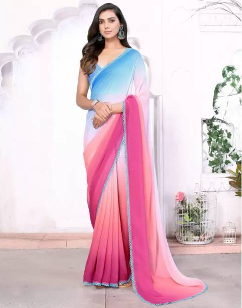 Embellished Bollywood Georgette Saree  (Blue, Pink)