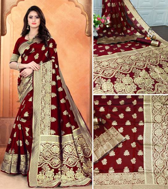 Kalapushpi Self Design Banarasi Cotton Blend, Pure Silk Saree