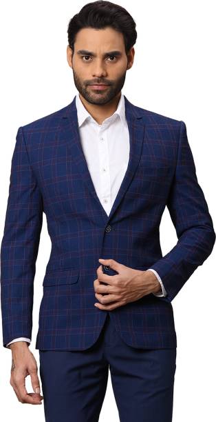 Men Checkered Double Breasted Formal Blazer  (Blue)