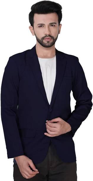 Men Solid Single Breasted Formal Blazer  (Dark Blue)