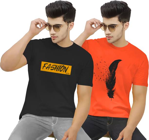 Pack of 2 Men Printed Round Neck Black, Orange T-Shirt
