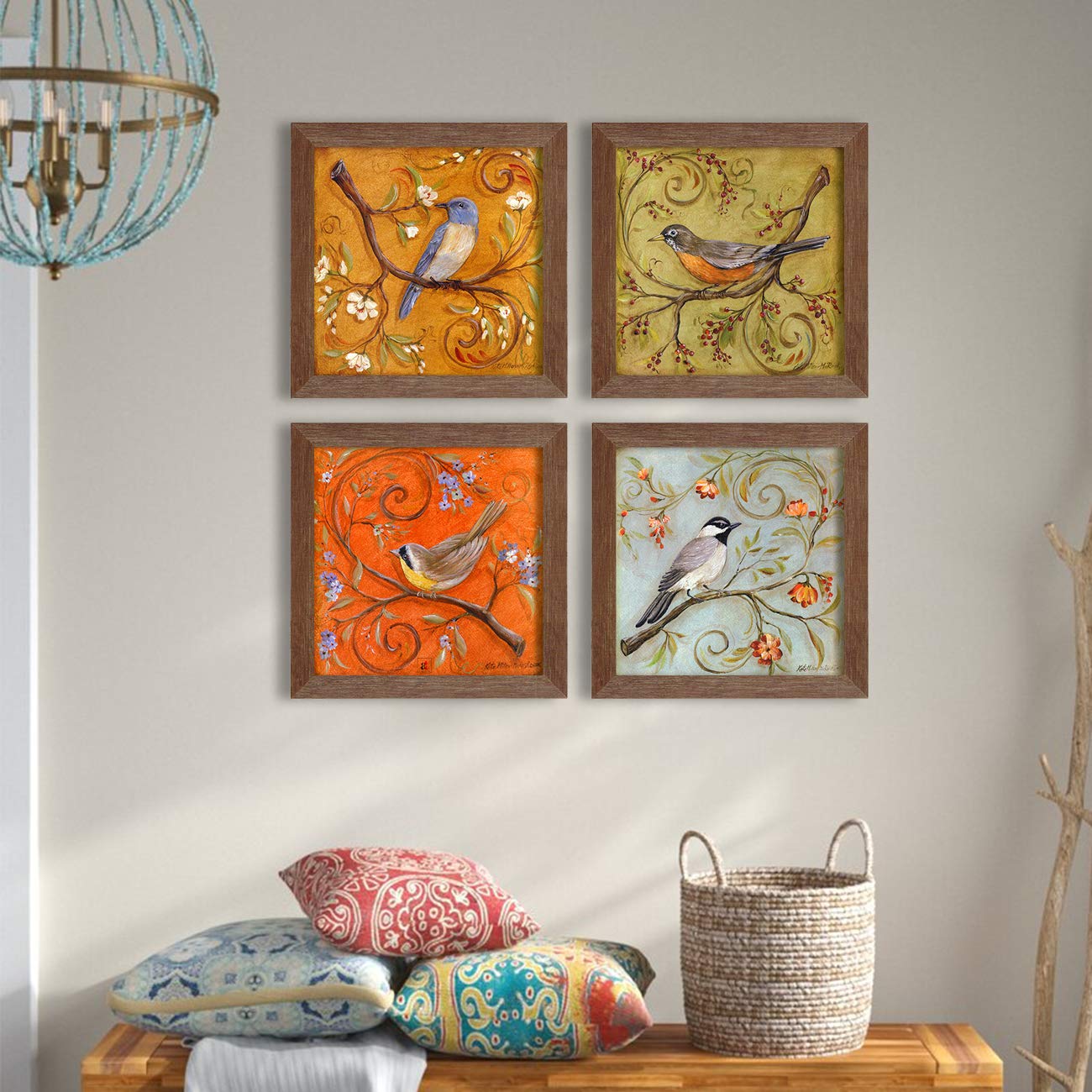Painting Mantra - Multicolor Jardine Birds Set of 4 Brown Framed Painting,UV Textured Art Prints (10 x 10 inch)