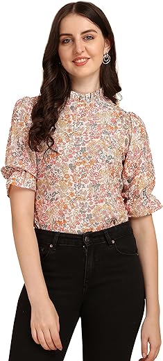Wedani Women's Casual Puff Sleeves Ruffled Collor Foral Top