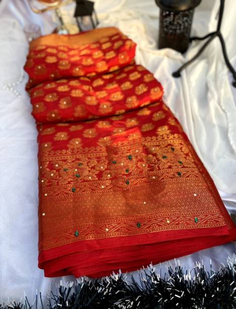 Woven Banarasi Silk Blend Saree  (Red)