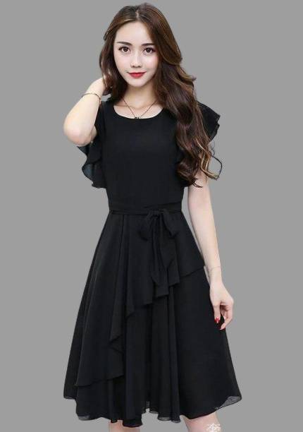 AUCREATIONS Women Fit and Flare Black Dress