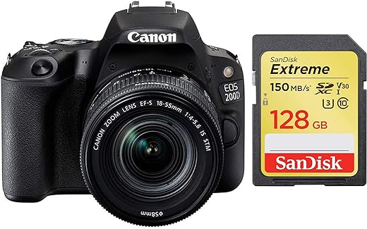Canon EOS 200D 24.2MP Digital SLR Camera with EF-S 18-55 mm is STM Lens and EF-S 55-250 mm is STM Lens/Camera Case + SanDisk 128GB Extreme SDXC UHS-I Card - C10, U3, V30, 4K UHD, SD Card