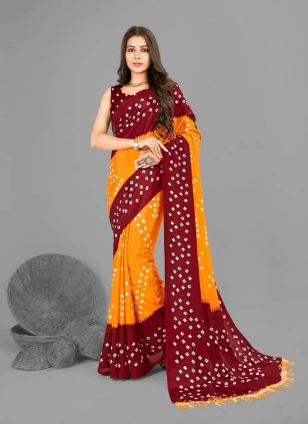 LAHEJA Printed, Geometric Print, Embellished Bandhani Silk Blend Saree