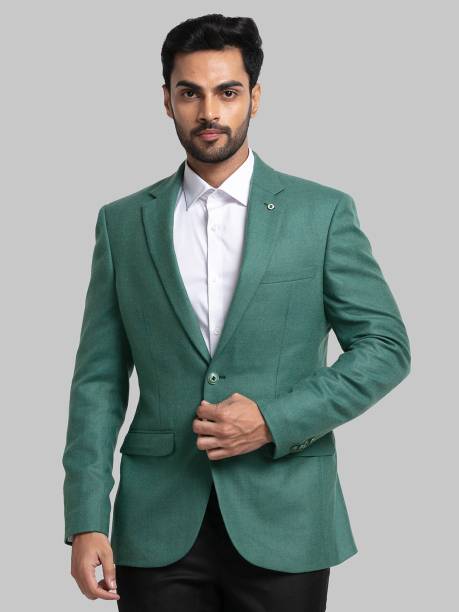 Men Solid Double Breasted Formal Blazer  (Green)