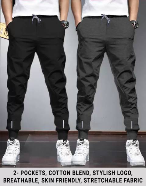 Pack of 2 Men Solid Black, Grey Track Pants