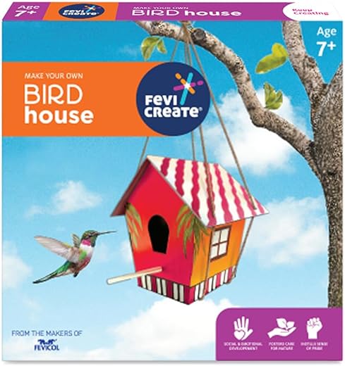 Pidilite Fevicreate Make Your Own Bird House | DIY Art and Craft Set for Kids for 7 Years and Above | Kit Contains Fevicol MR, Rangeela Tempera Colours, Fevicryl Acrylic Colours