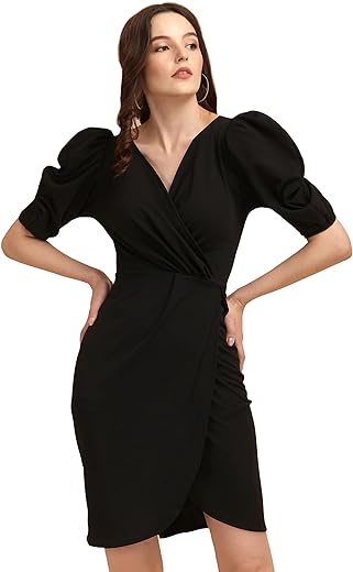 Sheetal Associates Women's Puff Sleeve V-Neck Bodycon Casual Mini Dress