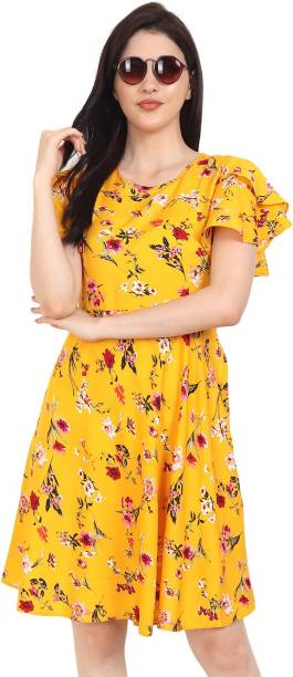 VSkin Women Fit and Flare Yellow Dress