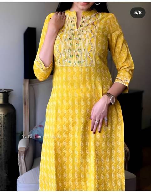 Women Embroidered Cotton Rayon Straight Kurta  (Yellow)
