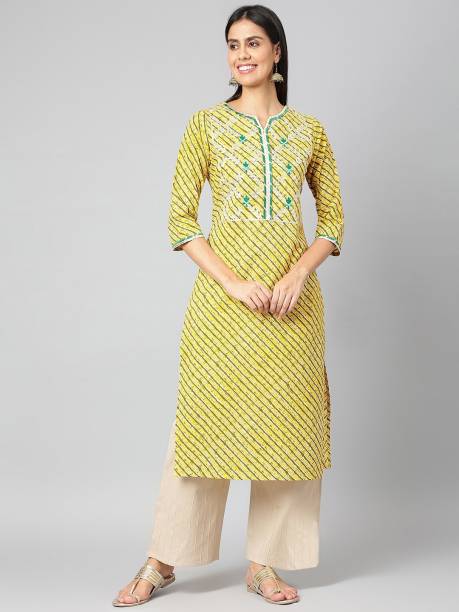 Women Embroidered Pure Cotton Straight Kurta  (Yellow)