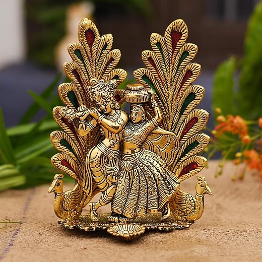 Collectible India Peacock Design Radha Krishna Idol Showpiece with Diya for Puja and Home Decor (8 x 6 Inches), Metal, Gold (1 Piece)
