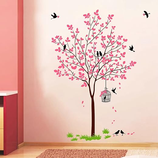 Decal O Decal PVC Vinyl Tree with Birds and Nest Botanical Wall Stickers (Pink, 120X90cm)