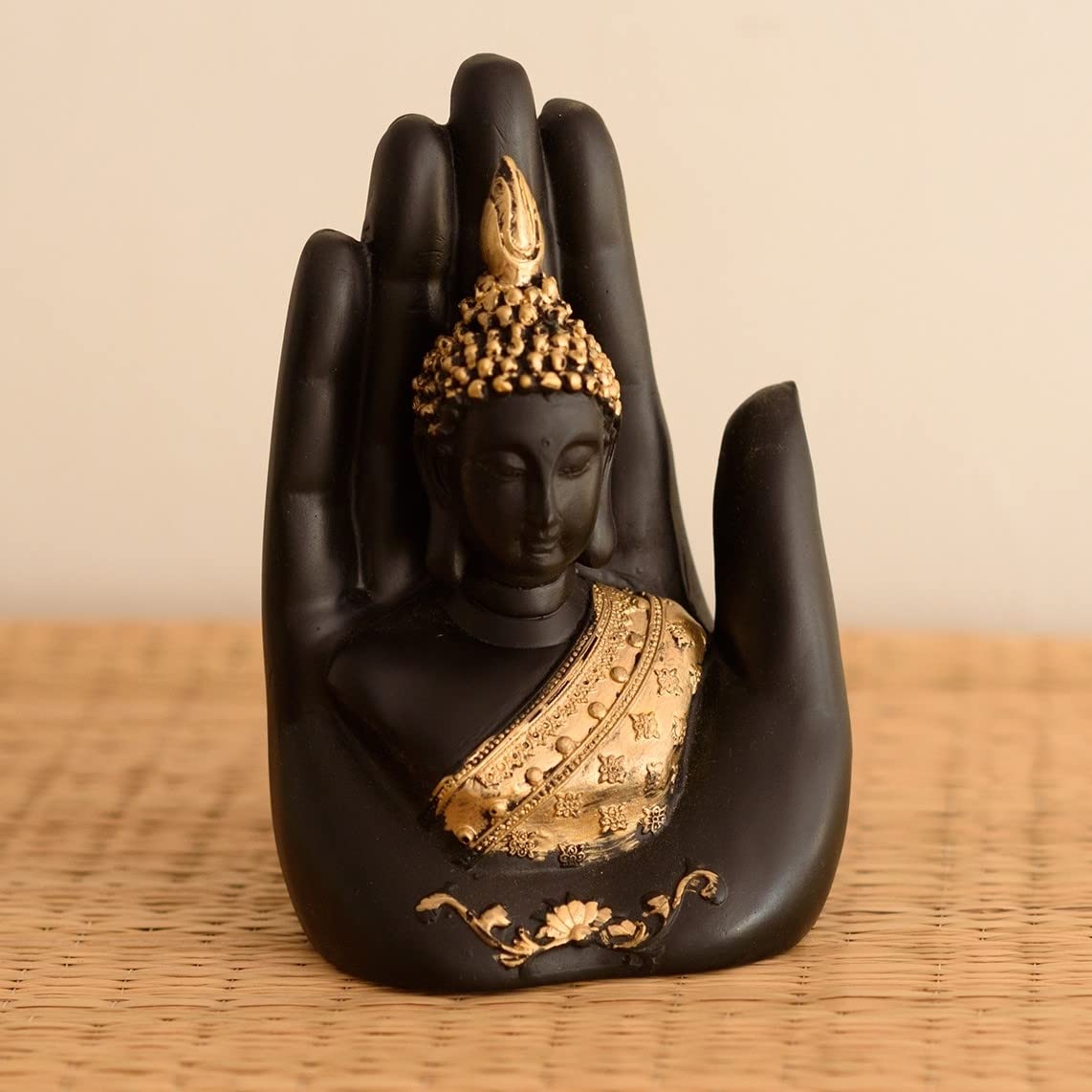 eCraftIndia Golden Handcrafted Palm Buddha Polyresin Showpiece (12.5 cm x 7.5 cm x 17.5 cm, Black)