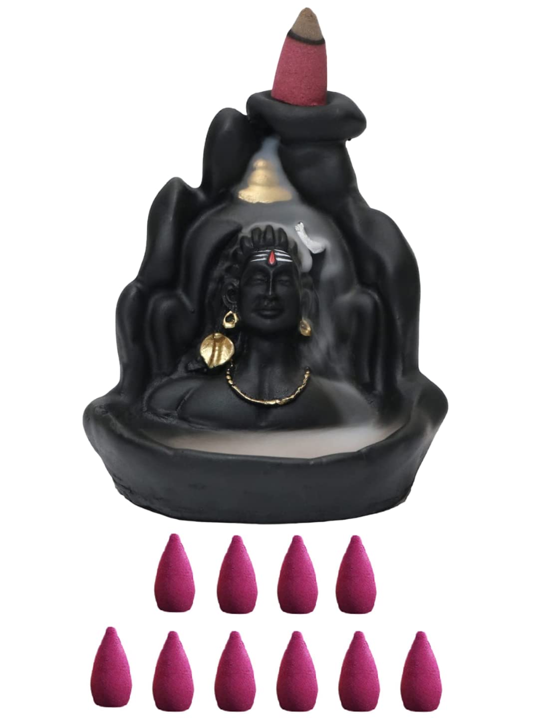 HC VILLA Lord Adiyogi, Mahadev, Shiv Shankara Backflow Cone Incense Holder Decorative Showpiece With 10 Smoke Backflow Scented Cone Incenses (Black)(Resin, Conical)