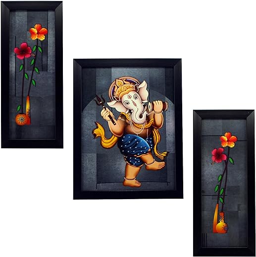 Indianara 3 PC Set of Lord Ganesha Paintings (1164) Without Glass 5.2 X 12.5, 9.5 X 12.5, 5.2 X 12.5 INCH-Multicolour