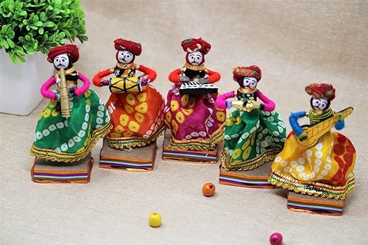 JH Gallery Recycled Material Rajasthani Musician Bawla Puppets Idol 11 x 28 cm Multicolor, 5 Pieces (Male Puppets)
