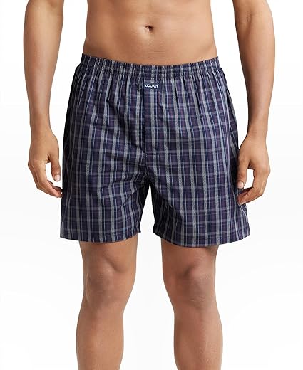 Jockey 1222 Men's Super Combed Mercerized Cotton Woven Checkered Boxer Shorts with Back Pocket (Colors & Checks May Vary)