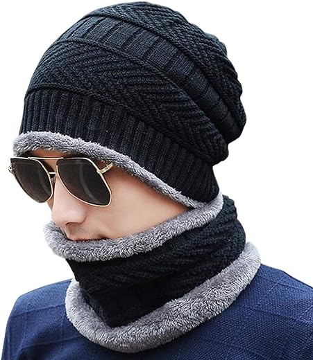 Kandid Wool Beanie Cap & Muffler for Mens & Women | Winter Cap for Men |Soft Woolen Muffler & Cap for Men & Women Black
