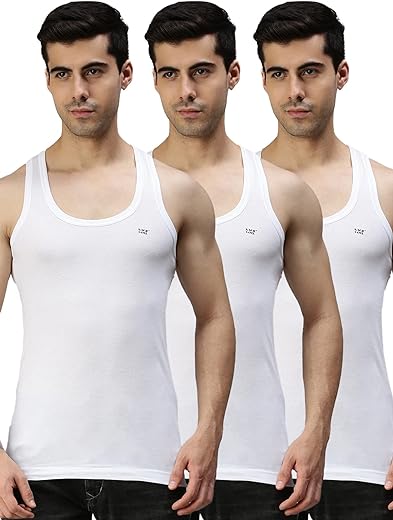 Lux Cozi Men's White Round Neck Sleeveless Cotton Vest (Pack of 3)