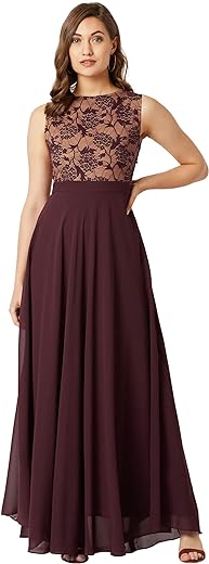 Miss Chase Women's Maroon & Teal Boat Neck Sleeveless Self Design Lace Overlaid Maxi Dress
