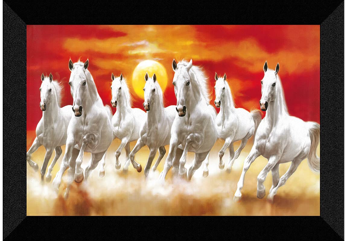 SAF 7 Running Horses with Sunrise UV Teatured Digital Reprint Framed Painting (11 inch X 14 inch) SANFK53