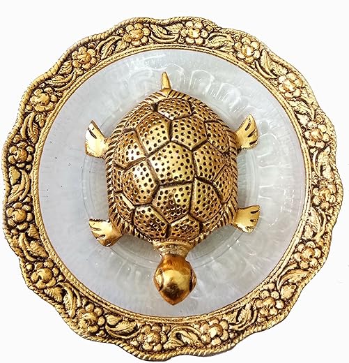 Trendy Crafts Metal Feng Shui Tortoise On Plate Showpiece (Golden, Diameter: 5.5 Inch)