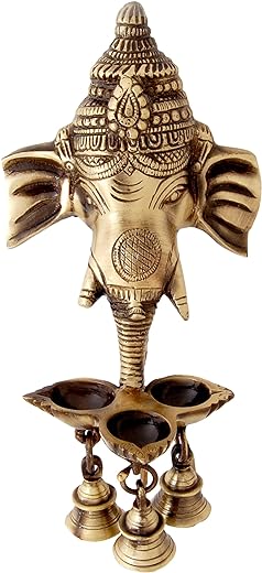 Two Moustaches Brass Ganesha Wall Hanging Diya with Bells for Home Decor, Brass Hanging Diyas Oil Lamp, Diwali Gifts, Diyas for Diwali, Ghanti for Pooja, Temple Decor, Standard, Pack of 1