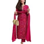 GoSriKi Women's Rayon Viscose Straight Bandhej Printed Kurta with Pant & Dupatta
