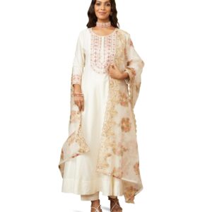 Amazon Brand - Myx Women's Embroidered Anarkali Kurta Pant Set with Organza Dupatta | Viscose,Rayon | A-line fit (Available in Plus Sizes)